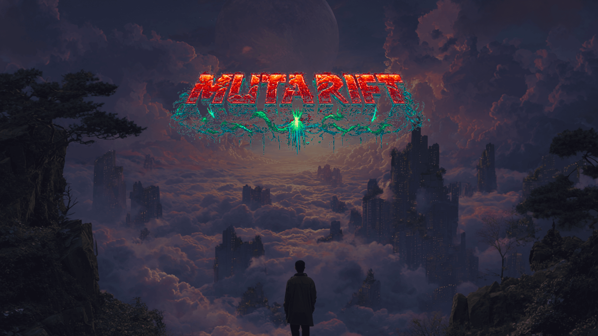MutaRift title screen with logo and dimensional landscape