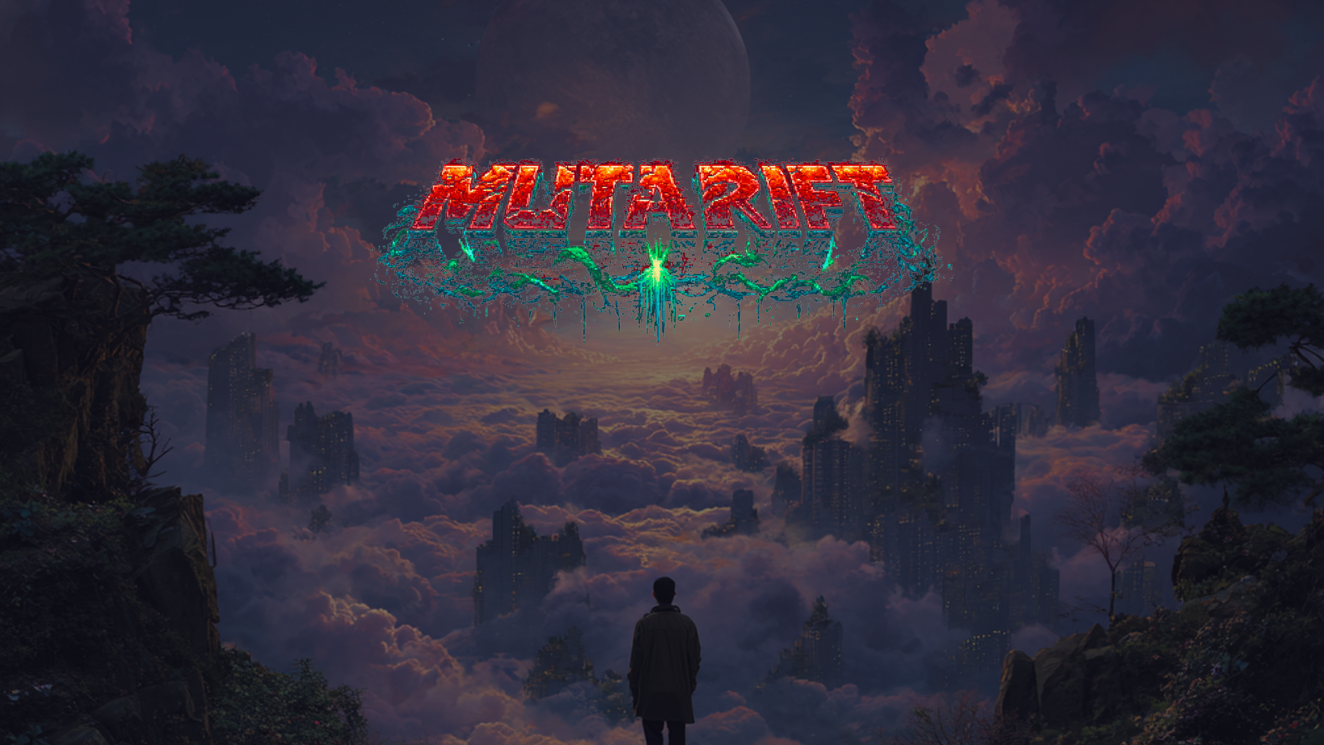 MutaRift title screen with logo and dimensional landscape